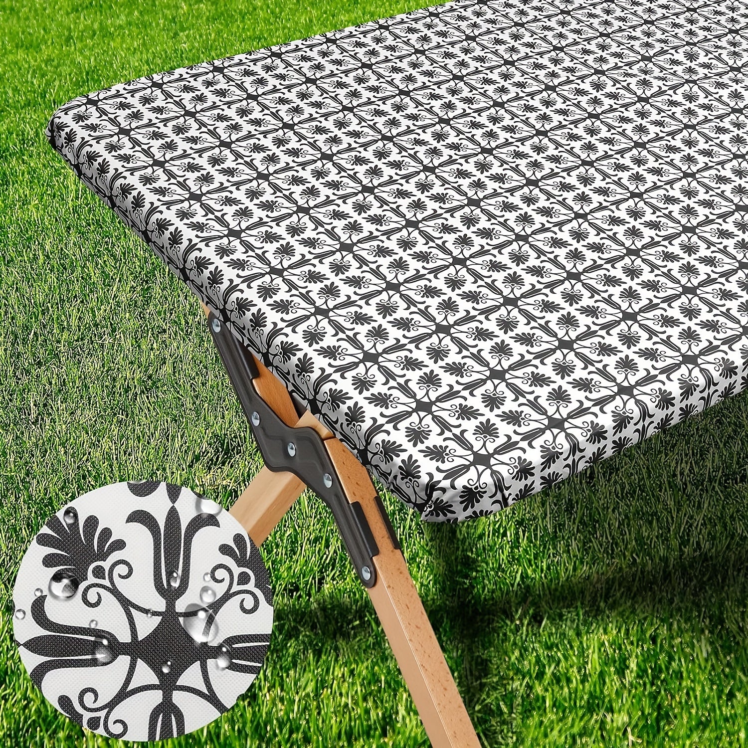 Rectangular Vinyl Table Cover for Indoor Outdoor Use Wipeable Black Baroque Pattern