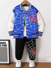 Kids Boys Spider Print Baseball Jacket and Pants Set Long Sleeve Spring Fall Casual
