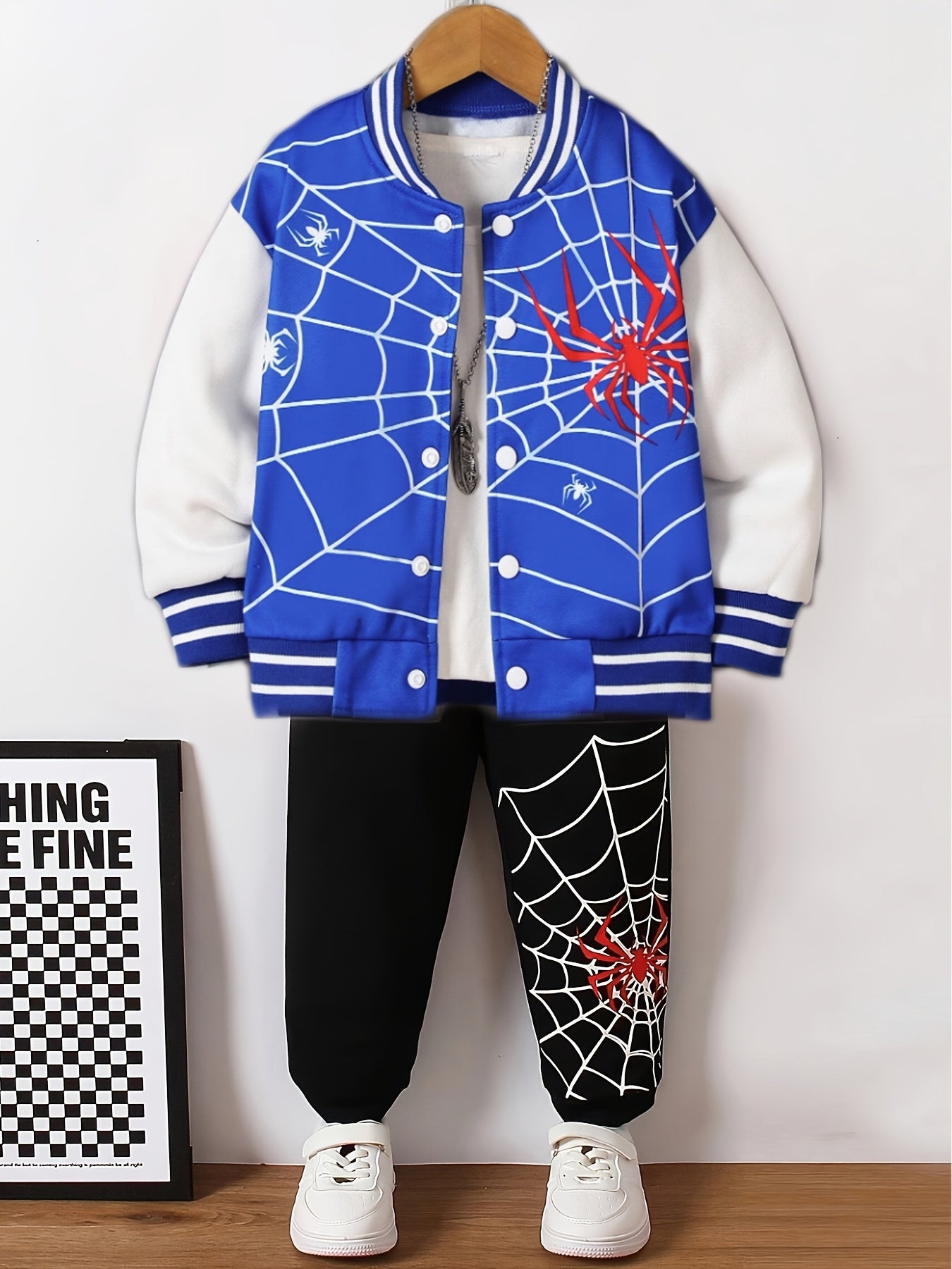 Kids Boys Spider Print Baseball Jacket and Pants Set Long Sleeve Spring Fall Casual