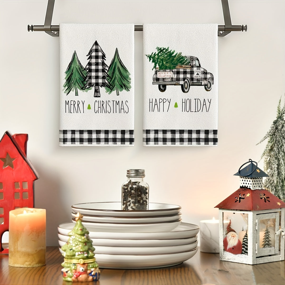 2/4Pcs Christmas Hand Towels with Truck and Tree Plaid Print Kitchen Decor Housewarming Gift