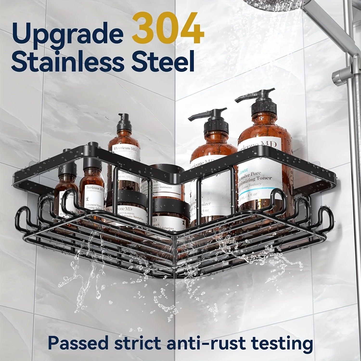 Corner Adhesive Shower Caddy with Soap Holder and Hooks Black Rustproof Stainless Steel Bathroom Organizer