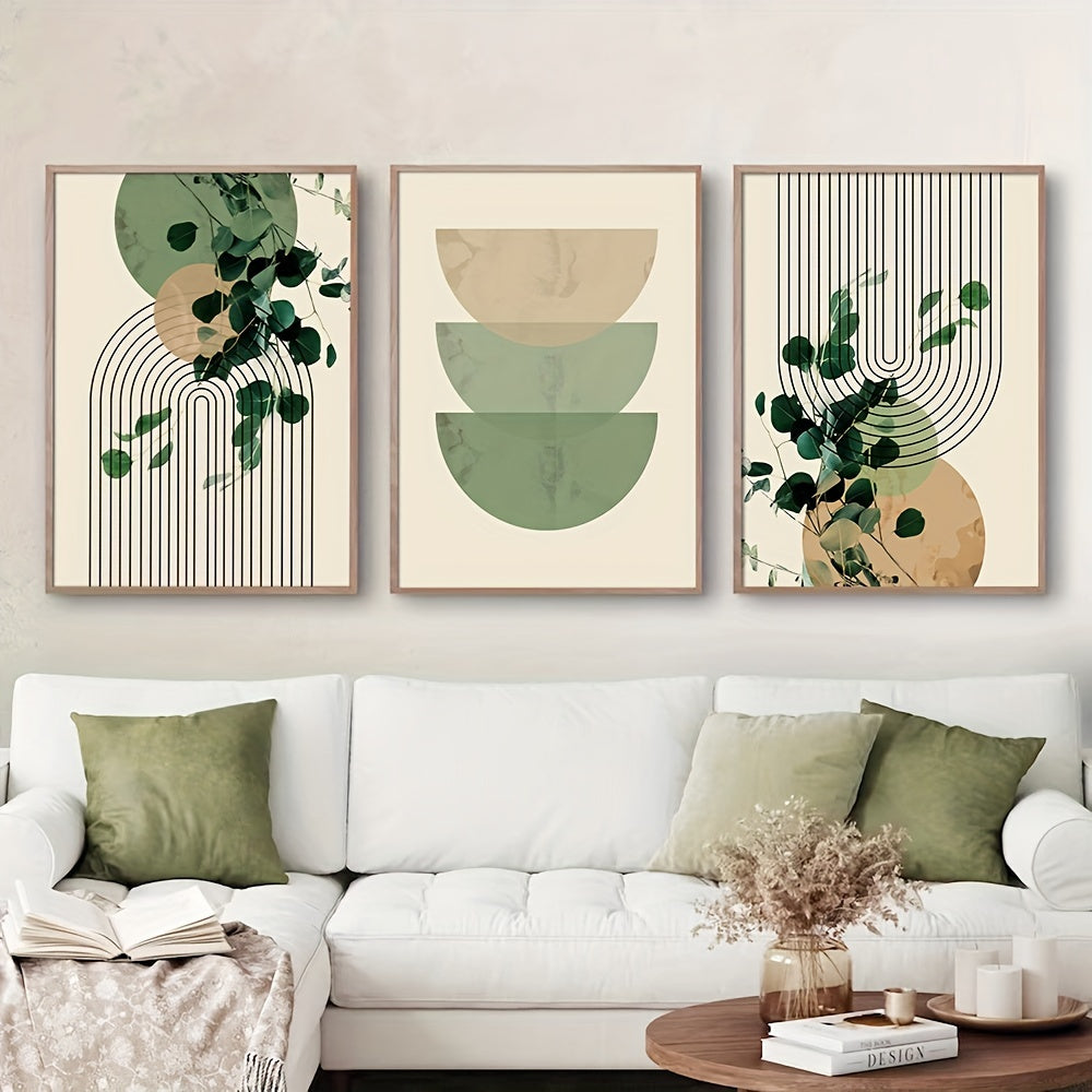 Set of Three Eucalyptus Leaf and Geometric Wall Art Prints for Living Room Decor