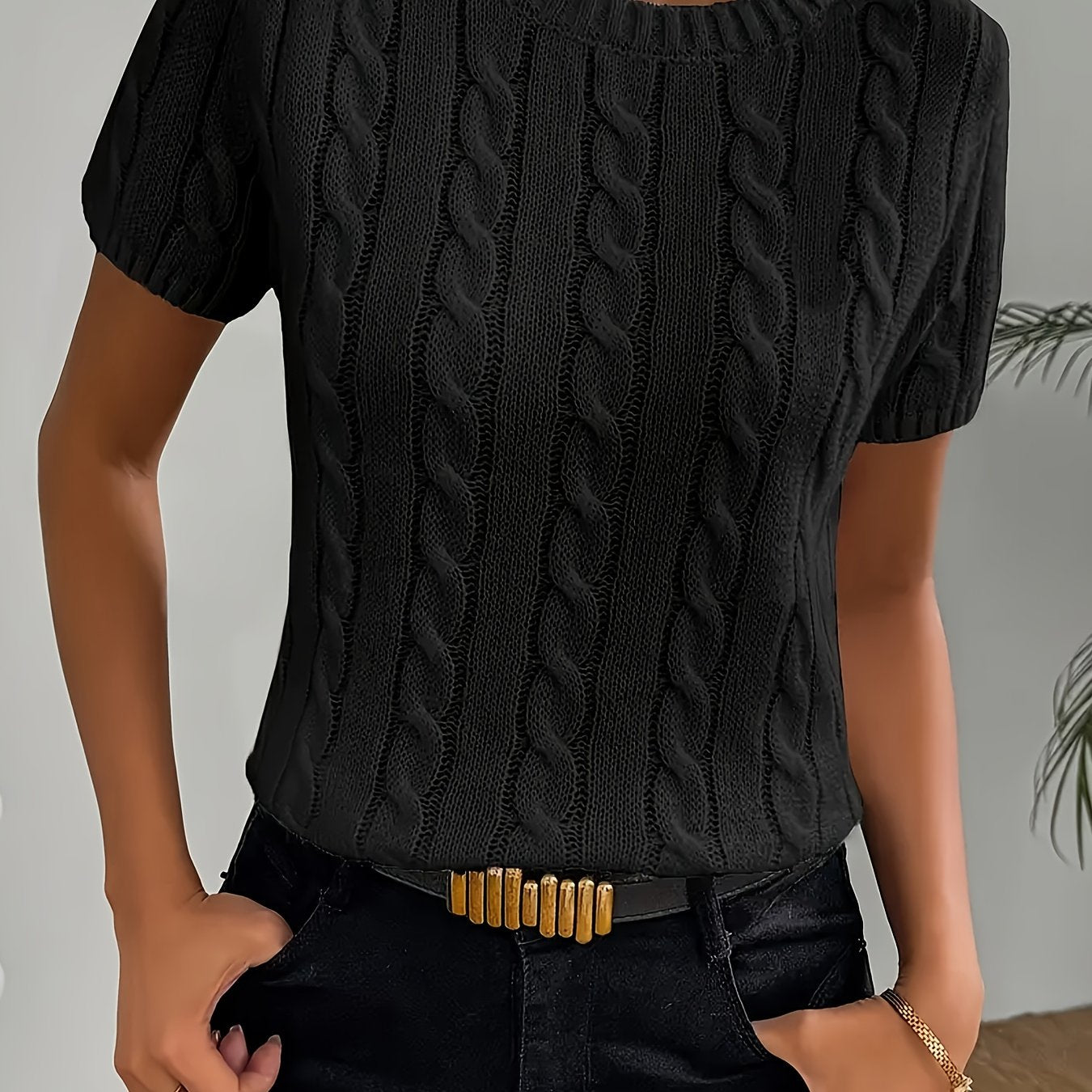 Women's Sweater Thick Round Neck Short Sleeve Solid Color Spring Summer Casual Top