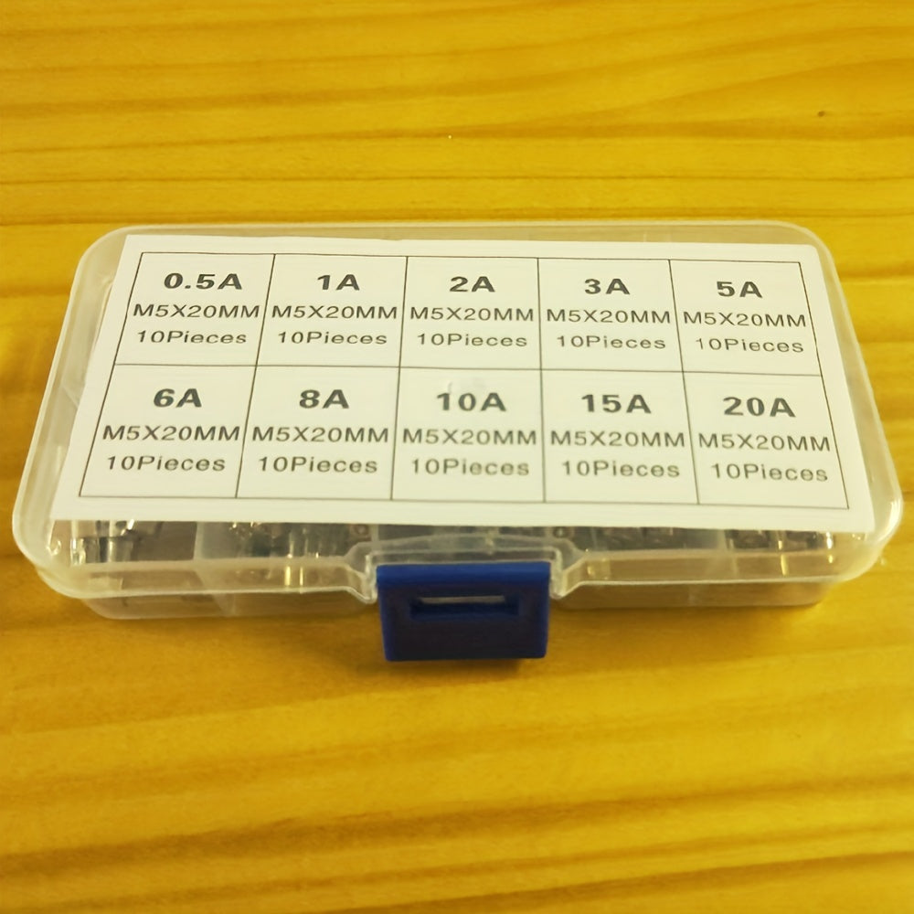 100-Piece Glass Fuse Assortment Kit 5x20mm 0.2A–20A for Electronics