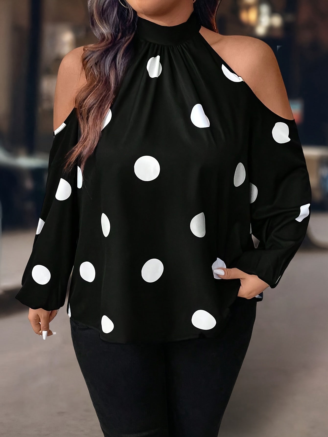 Women's Plus Size Pink Polka Dot Off-Shoulder Blouse All-Season Casual Top