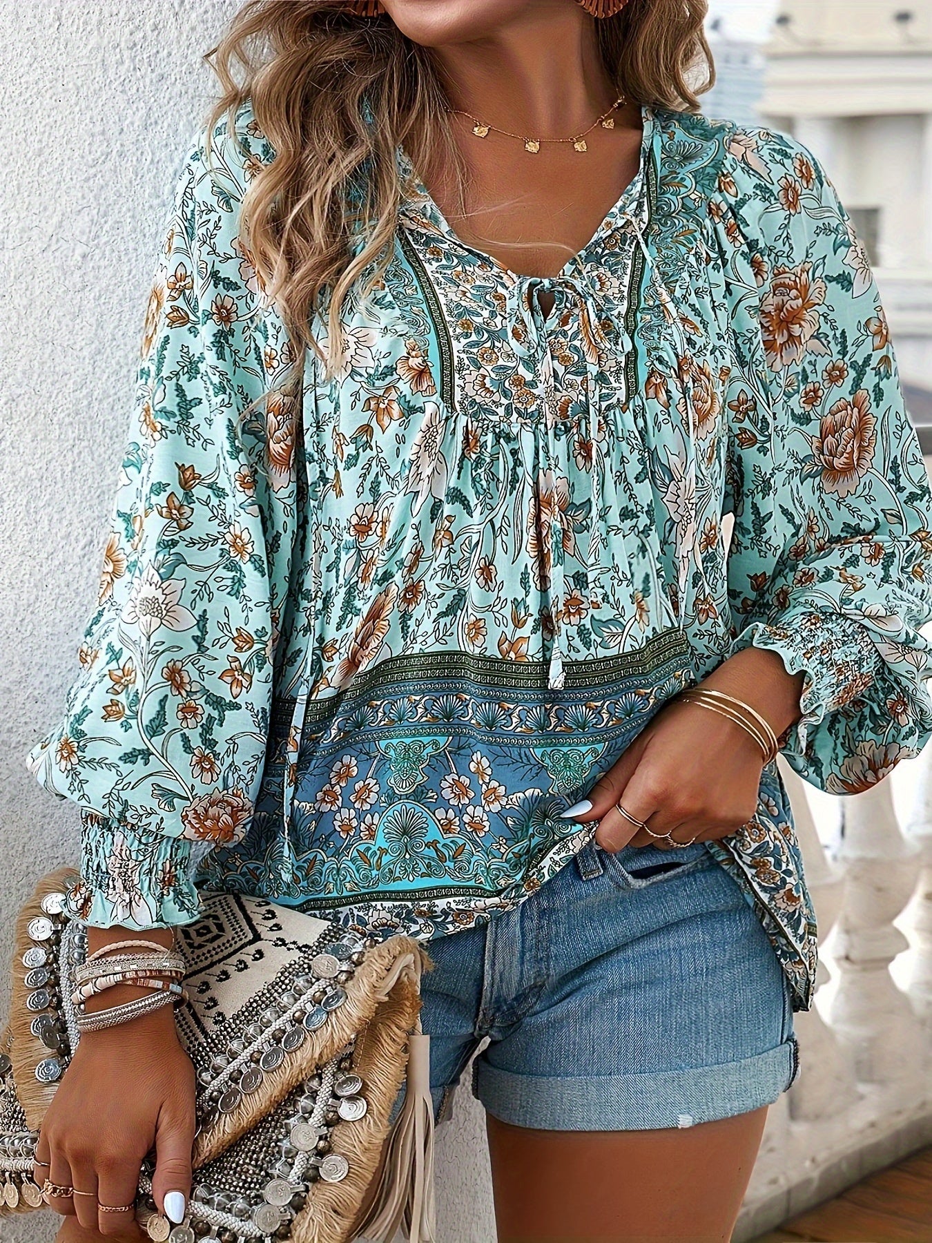 Plus Size Women's Floral Print Long Sleeve Blouse with Smocking Cuffs