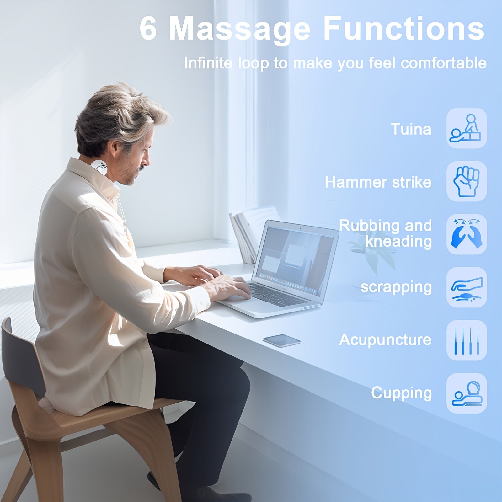 Ushbu ixcham, engil qurilma charchoqni bartaraf etish uchun tinchlantiruvchi massajni taqdim etadi. U qayta ishlatiladigan padlar va saqlash qutisini o'z ichiga oladi, bu esa uni turli qurilmalar uchun mos qiladi. Bu ideal sovg'a hisoblanadi