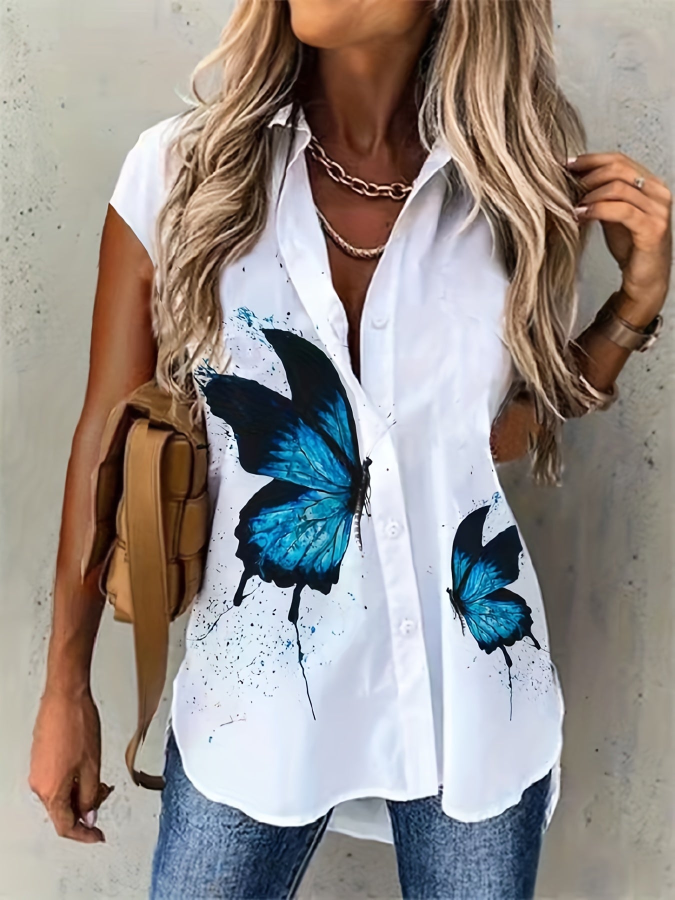 Plus Size Casual Blouse Women's Butterfly Print Button Up Cap Sleeve