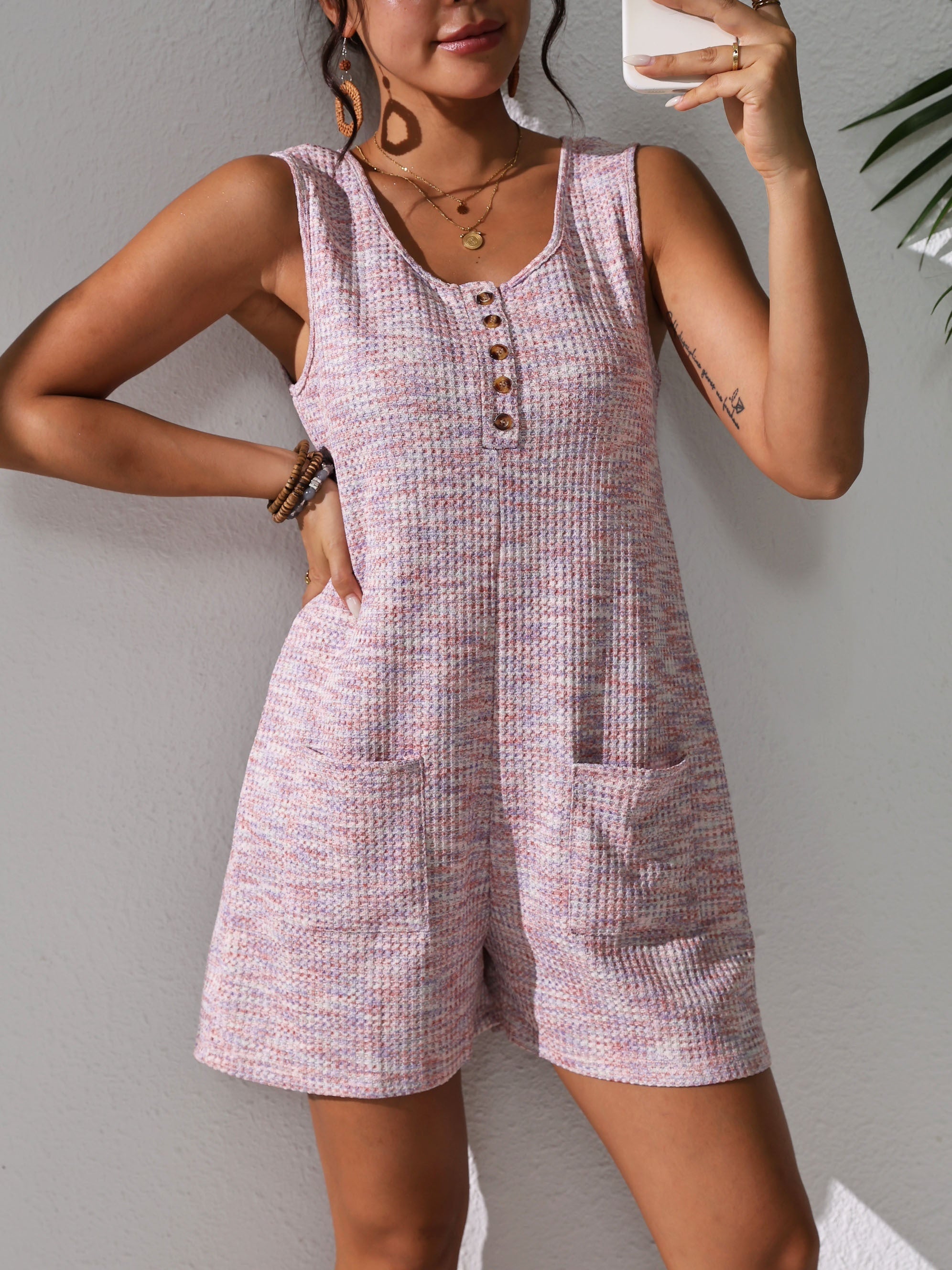 Plus Size Sleeveless Waffle Knit Romper in Pastel Pink with Pockets for Spring Summer