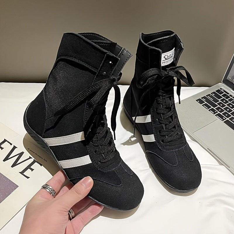 Women's Mid-Calf Lace-Up Boots with Flat Sole Non-Slip Rubber Black