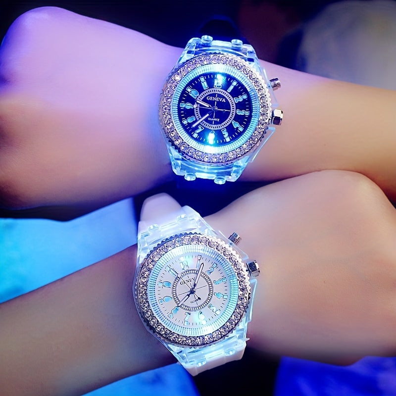 Glow-in-the-Dark Silicone Watch for Men Women Kids LED Time Display Casual Fashion Rhinestone Accents