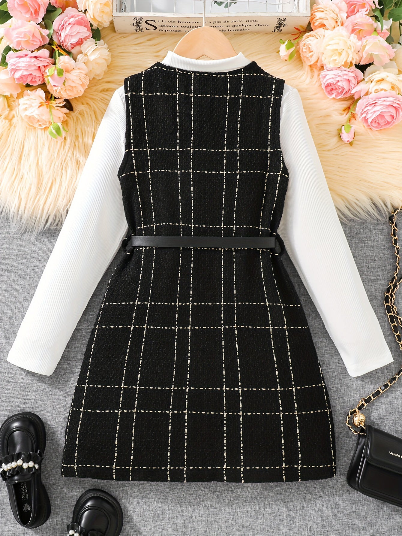 Kids' Plaid Dress and High Neck Top Set Polyester Blend Spring Fall Outdoor Wear