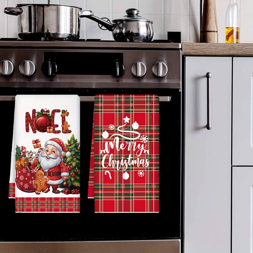 Set of 2 Christmas Kitchen Towels Microfiber Santa Gingerbread Red Plaid 70cm