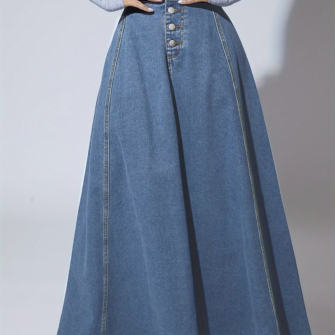 Women's High-Rise Washed Blue Denim Flared Skirt for Tall Individuals