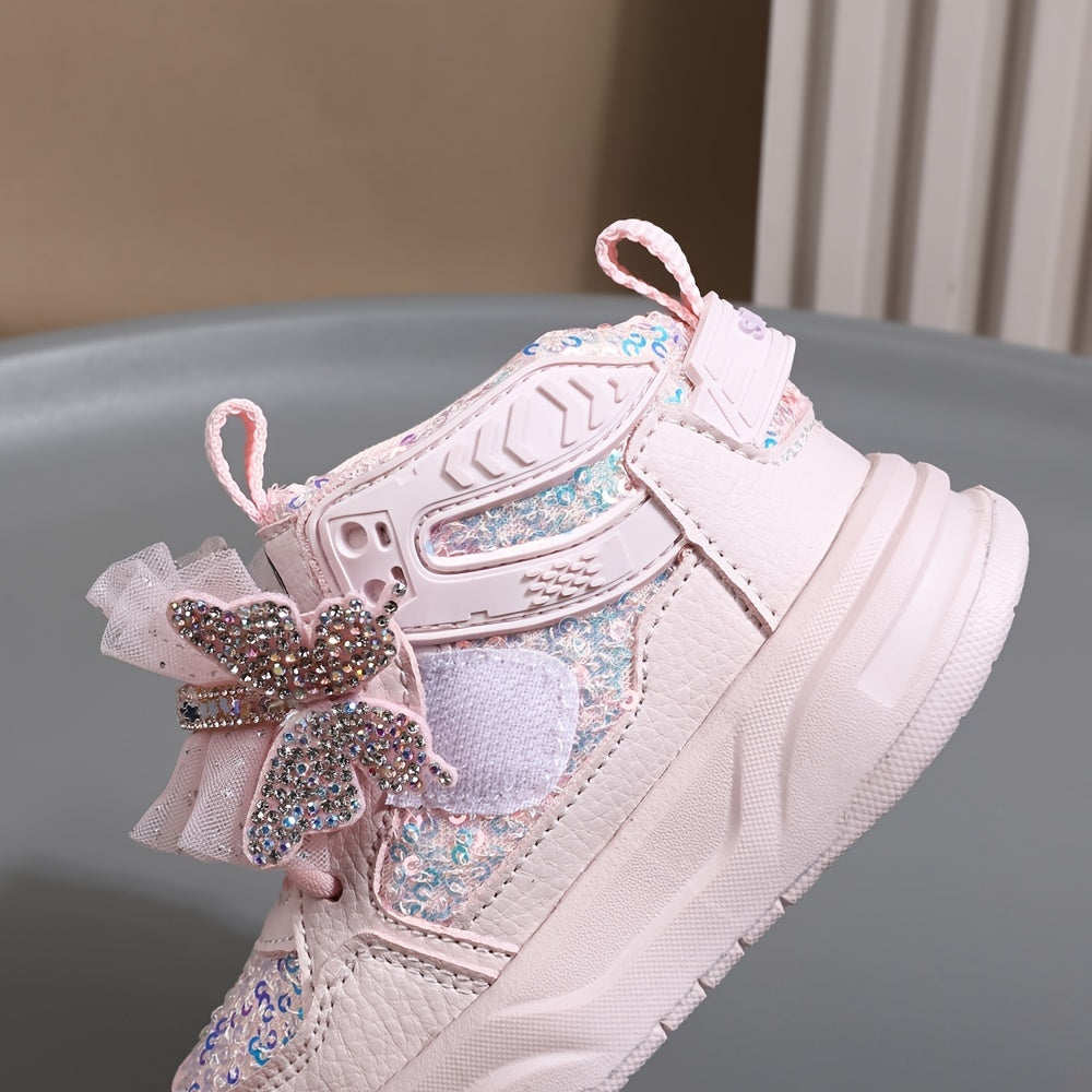 Girls' Mid-Top Sequin Rhinestone Bow Sneakers Casual Street Party Shoes
