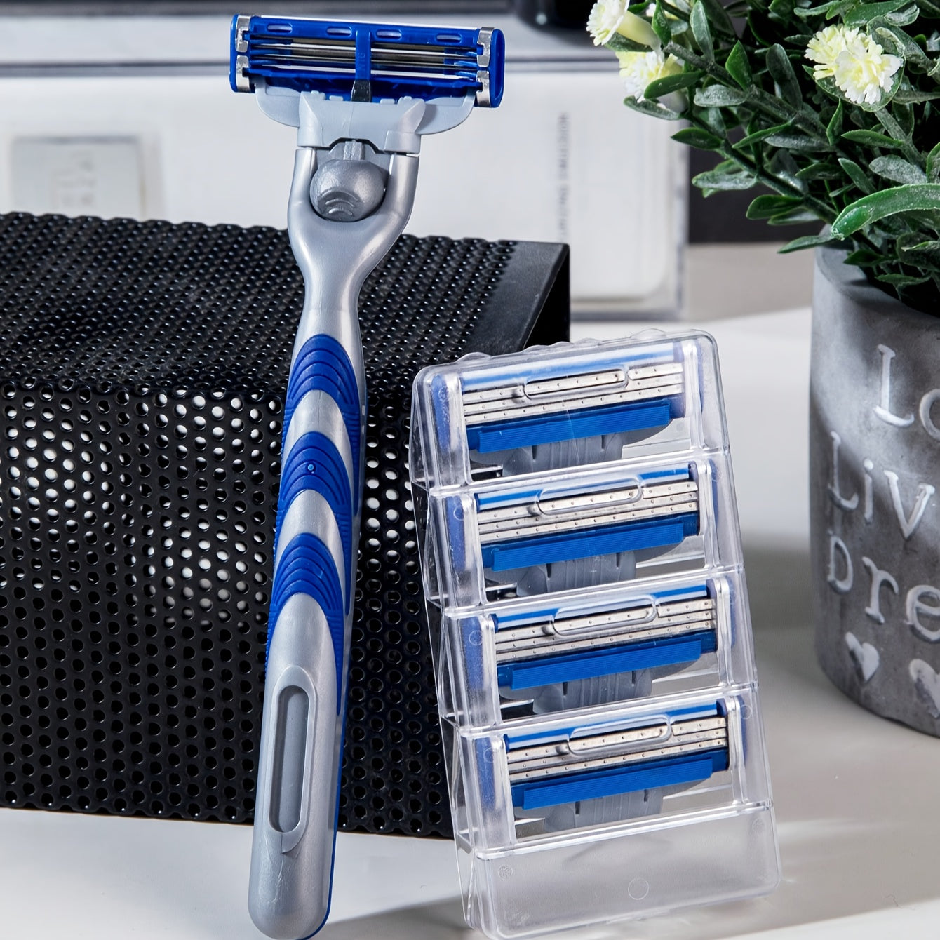 Men's Safety Razor Set with Stainless Steel Handle and 3-Layer Blades for Beard and Mustache Grooming