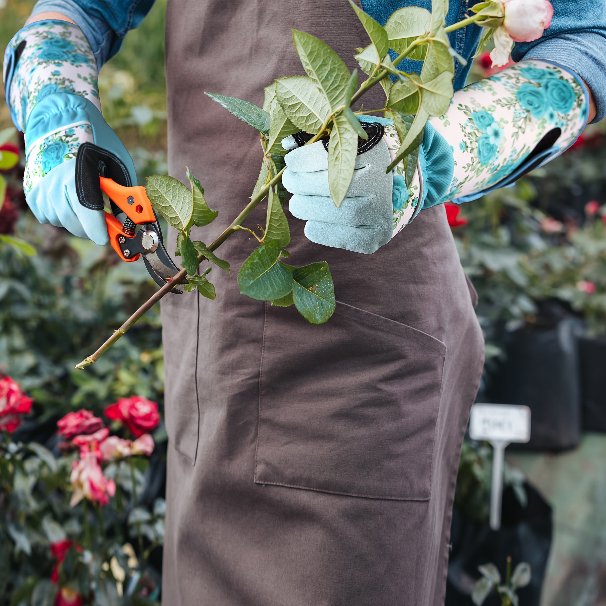Guantes largos de jardinería para mujer, poliéster, a prueba de espinas, transpirables, con estampado floral azul