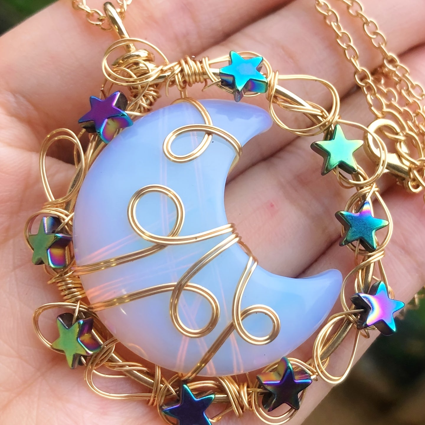 Moon and Star Crystal Pendant Necklace with Natural Gemstones Chakra Healing Jewelry for Women and Girls