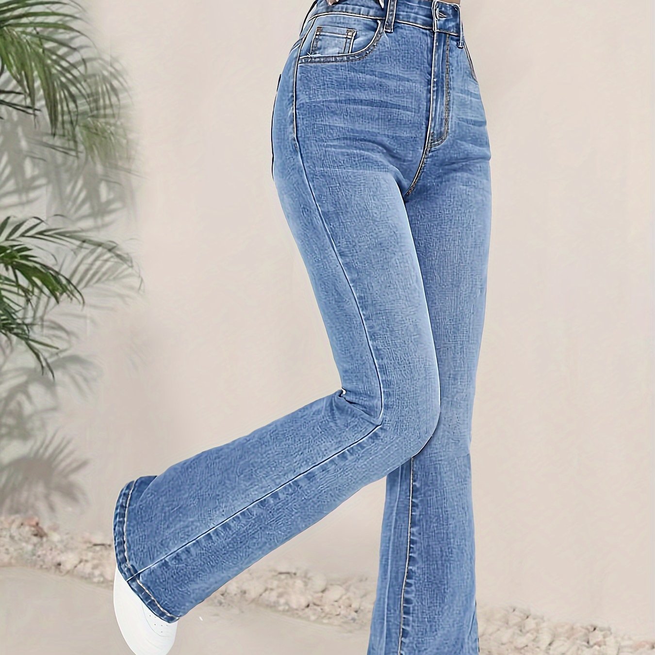 Women's High-Waist Flared Jeans in Blue Denim with Stretch and Long Length