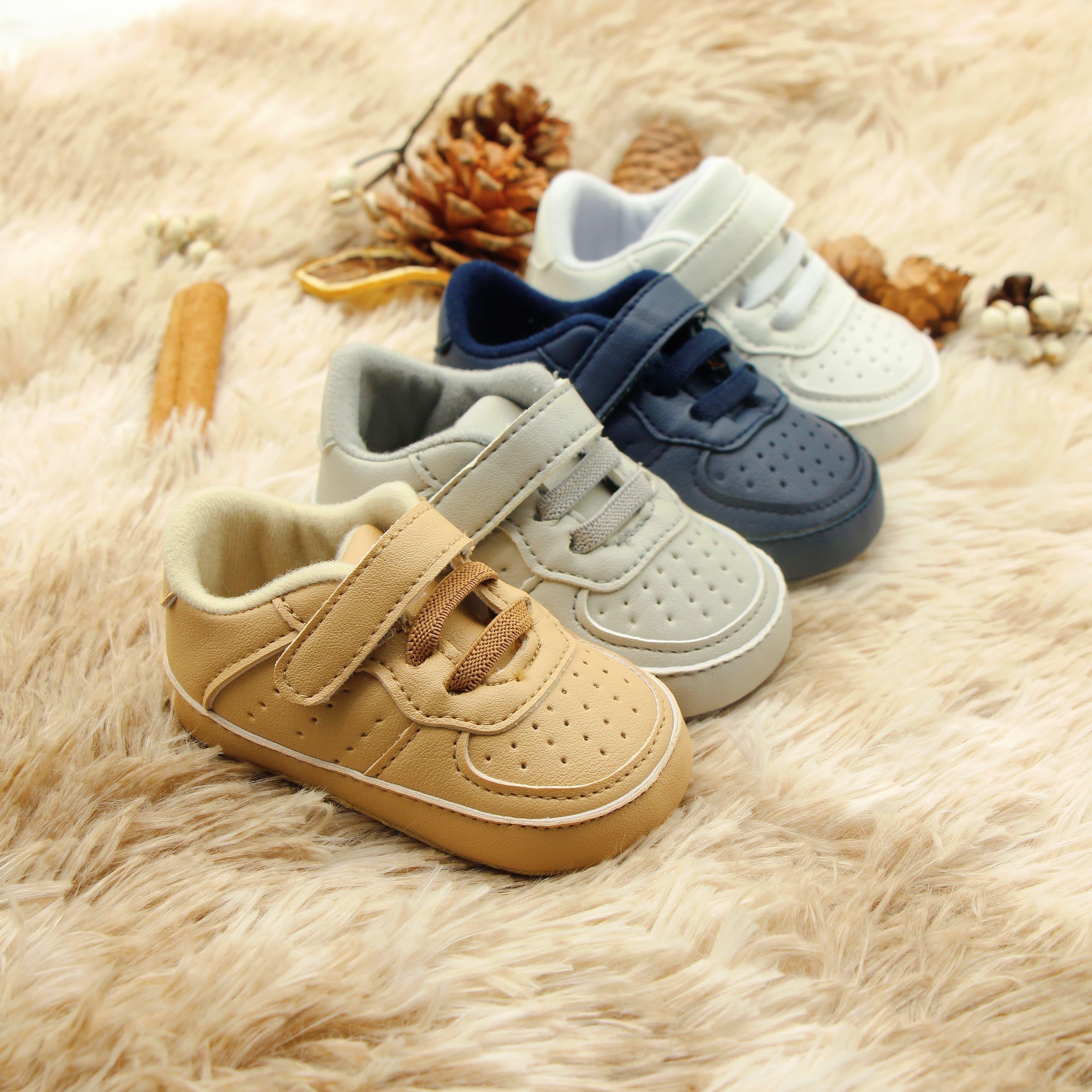 Newborn Baby Boys Soft Sole Mid-Top Sneakers Non-Slip Plaid Embroidered PU Rubber All-Season