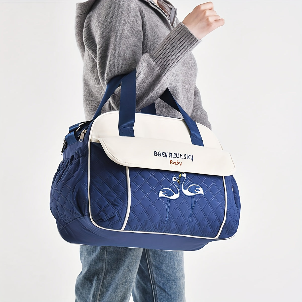 Large Capacity Embroidered Crossbody Mommy Bag with Zipper Stylish Multi-functional Shoulder Bag