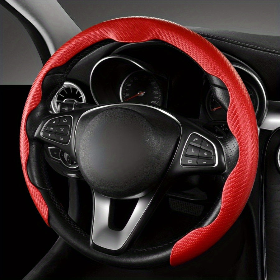 Universal Carbon Fiber Steering Wheel Cover with Red Accents Non-Slip Durable