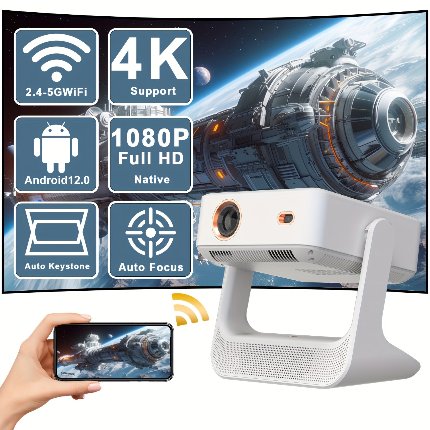 Portable 1080P 4K Projector with Touch Screen WiFi 6 Home Theater
