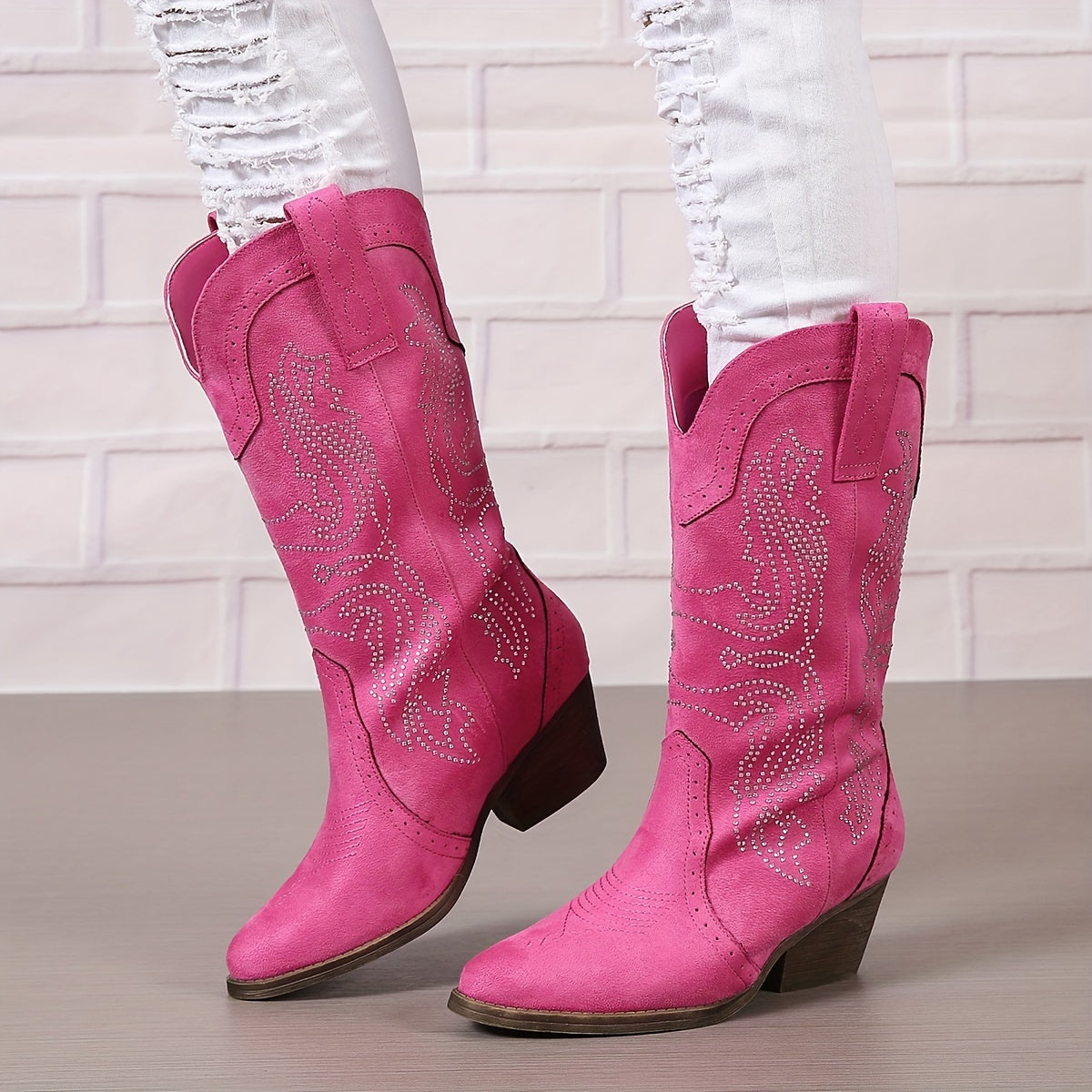 Women’s Mid-Calf Western Boots Fabric Floral Pointed Toe Winter