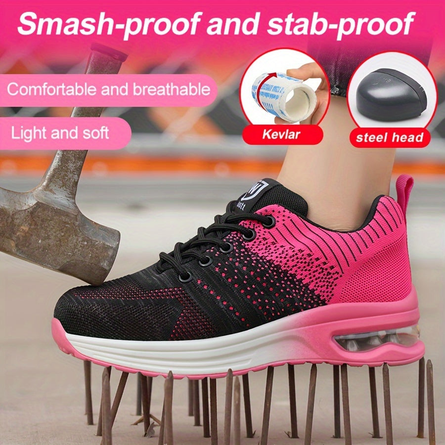 Women's Knitted Breathable Lightweight Steel Toe Work Shoes Anti-Slap Anti-Stab