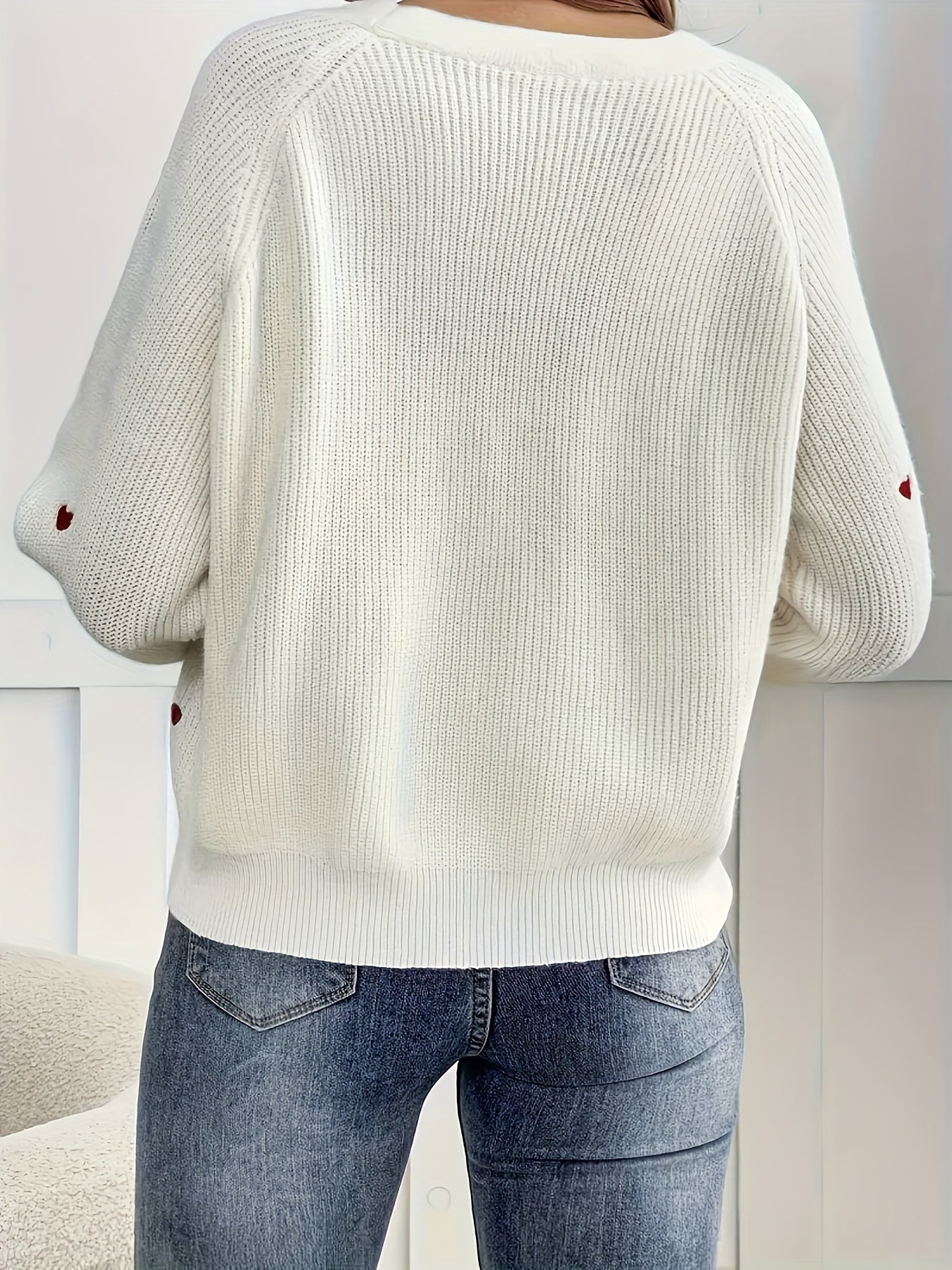 Cárdigan de manga larga con escote en V bordado para mujer talla grande rojo corazón