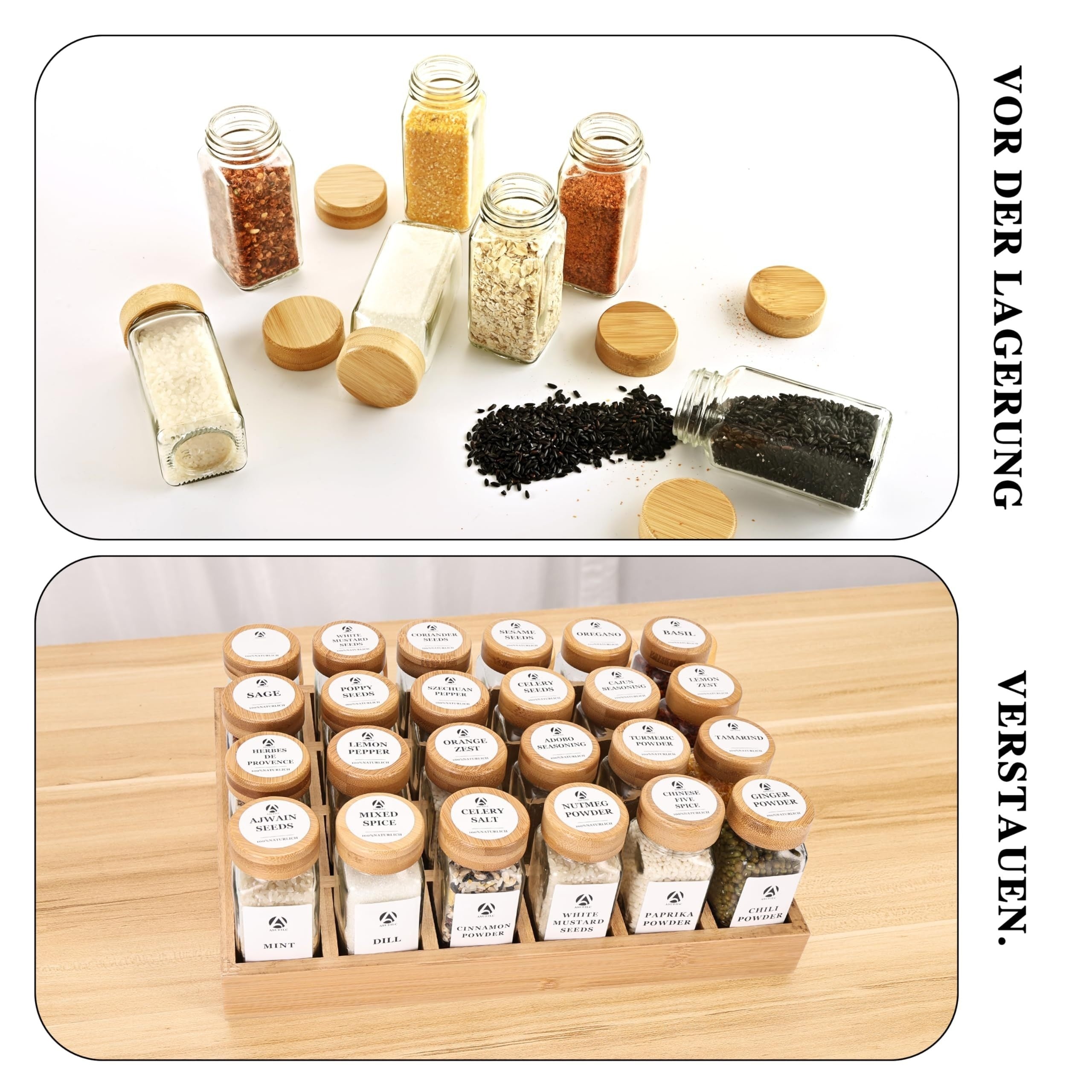 Spice Rack with 12 or 24 Jars Bamboo Lids Drawer Organizer Labels