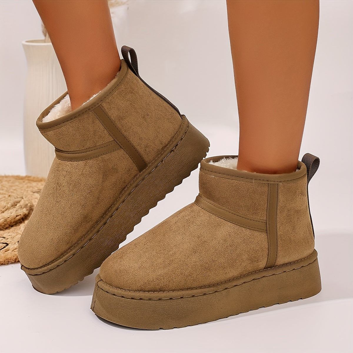 Women's Cozy Faux-Fur Slip-On Winter Snow Boots Casual Mid-Heel