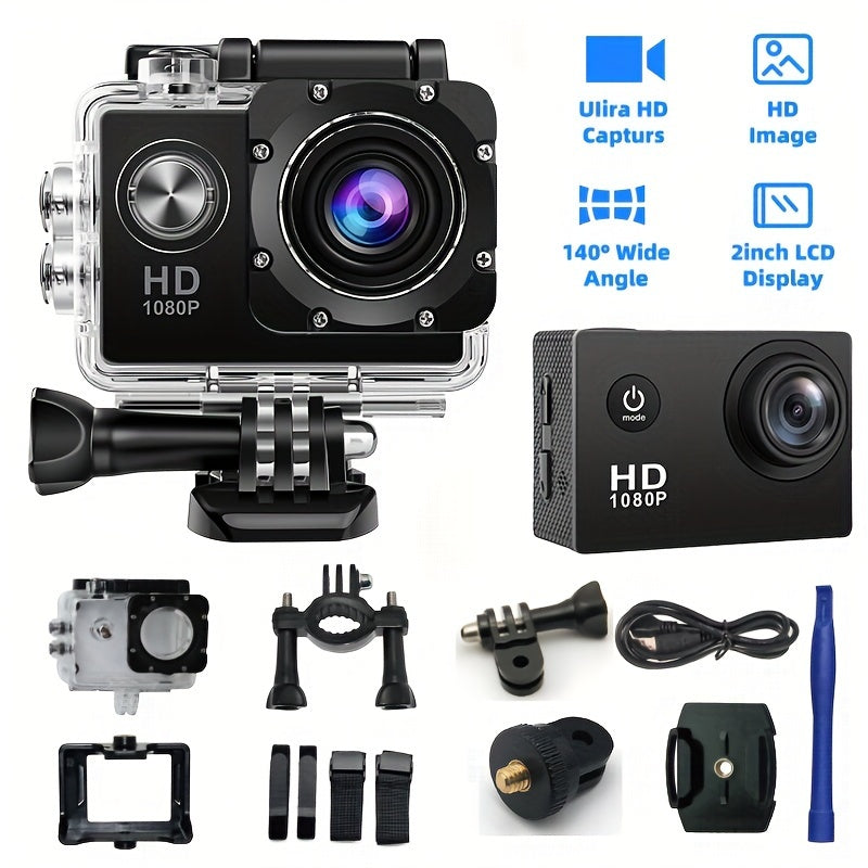 1080P HD Action Camera with 140° Wide-Angle Lens Digital Stabilization Fisheye LCD Screen