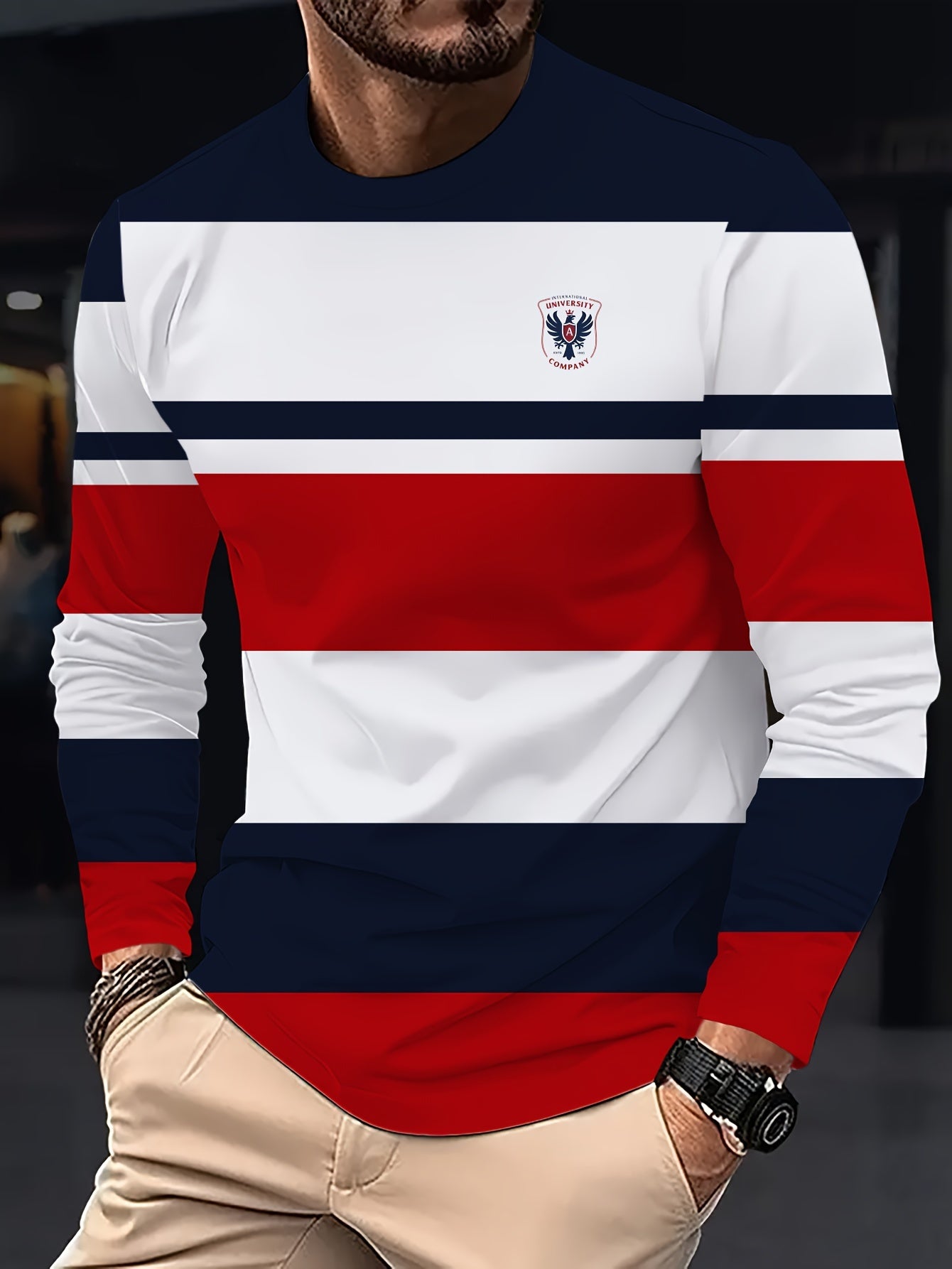 Camiseta de manga larga para hombre con estampado geométrico en 3D, poliéster, casual, otoño e invierno