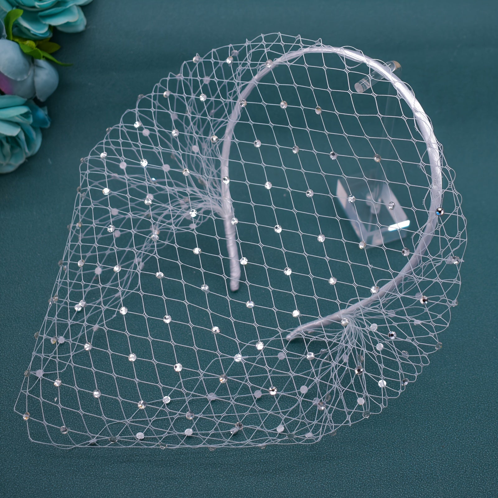 Bridal Fascinator with Birdcage Veil and Black Face Net Mask on White Headband for Women