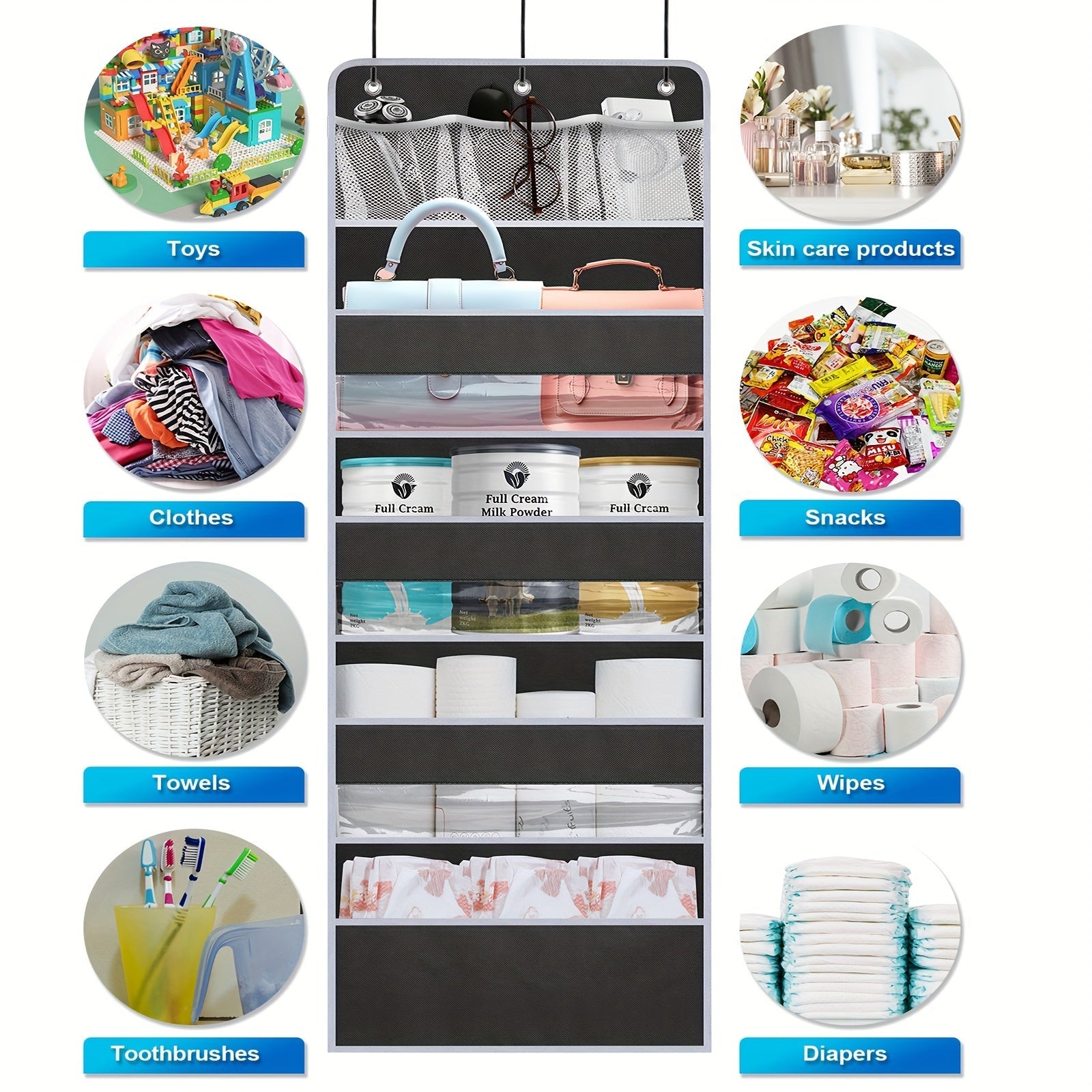 Over-the-Door Organizer with 5 Bins and 10 Side Pockets for Bathroom and Bedroom Storage