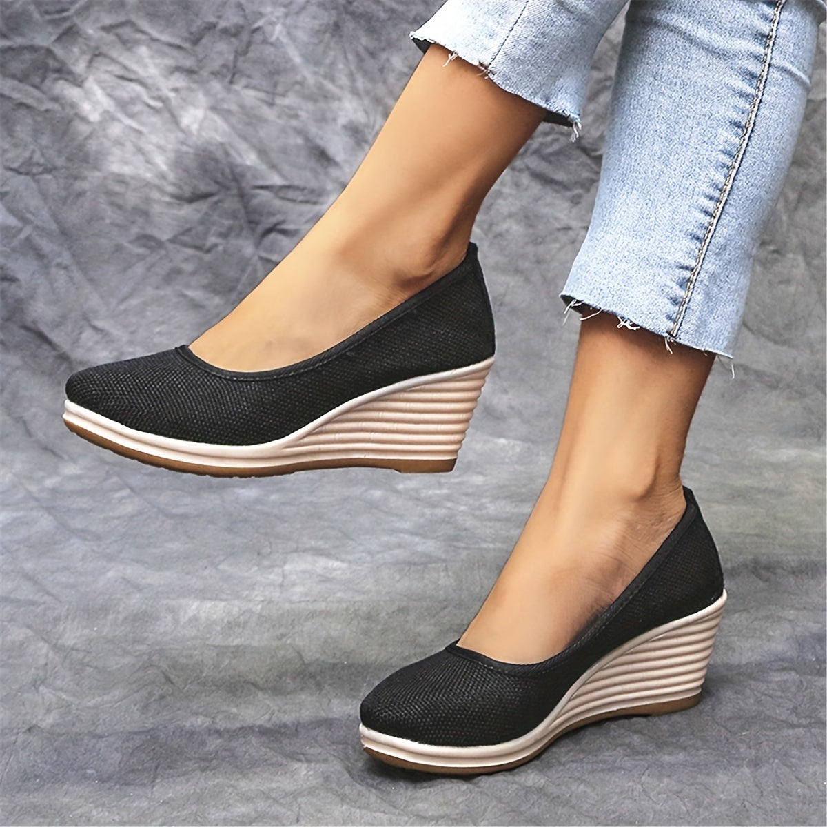 Women's Bohemian Breathable Fabric Wedge Heel Shoes Black Natural Jute Platform