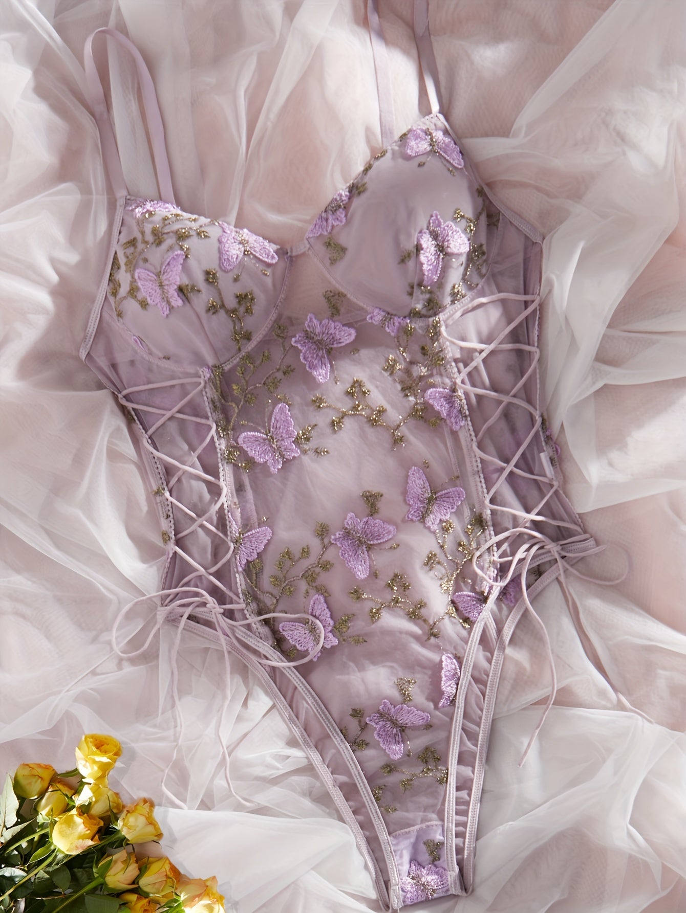 Women's Lace Teddy with Butterfly Embroidery and Plunging Back