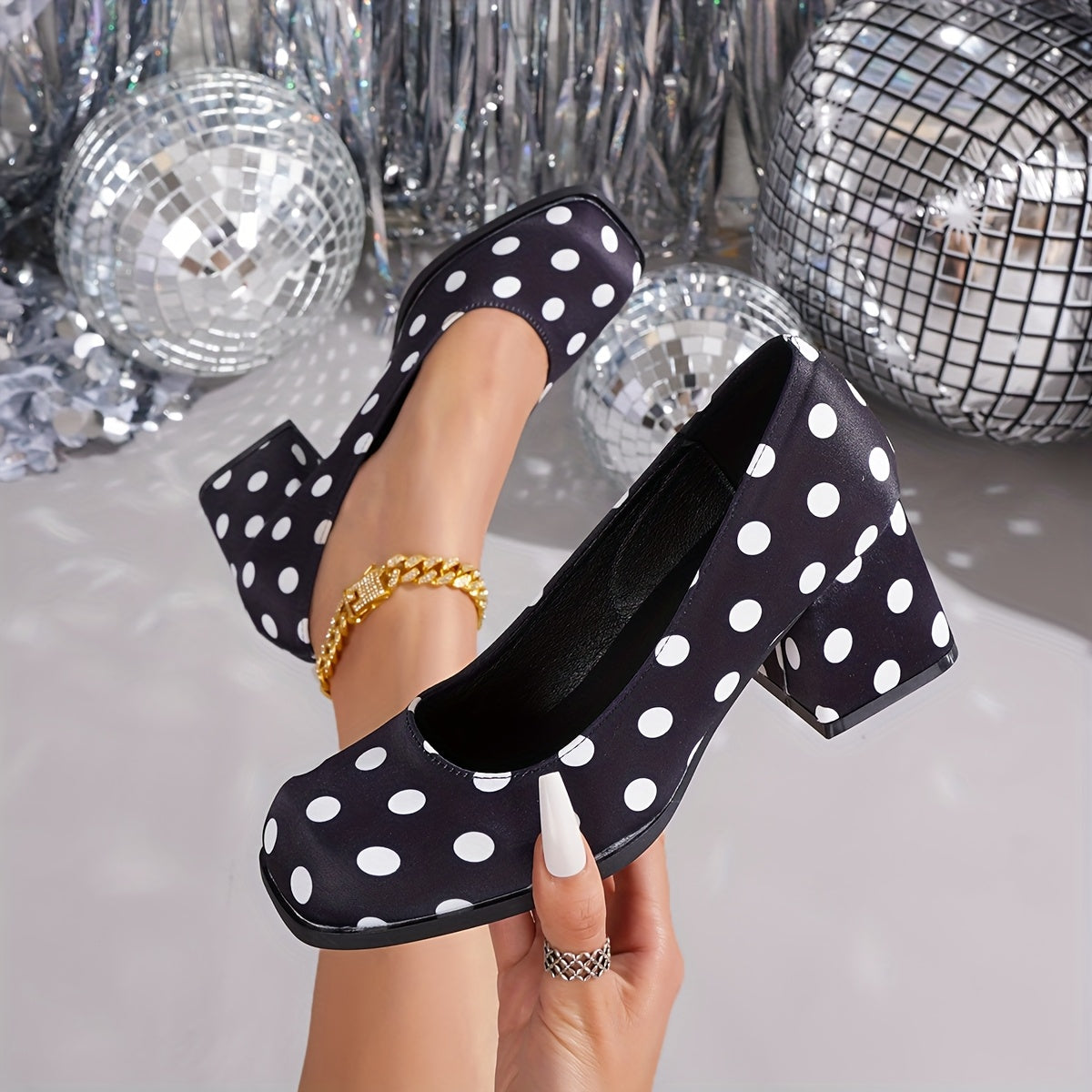 Women High Heel Polka Dot Pumps Square Toe Block Heel All-Season Comfort