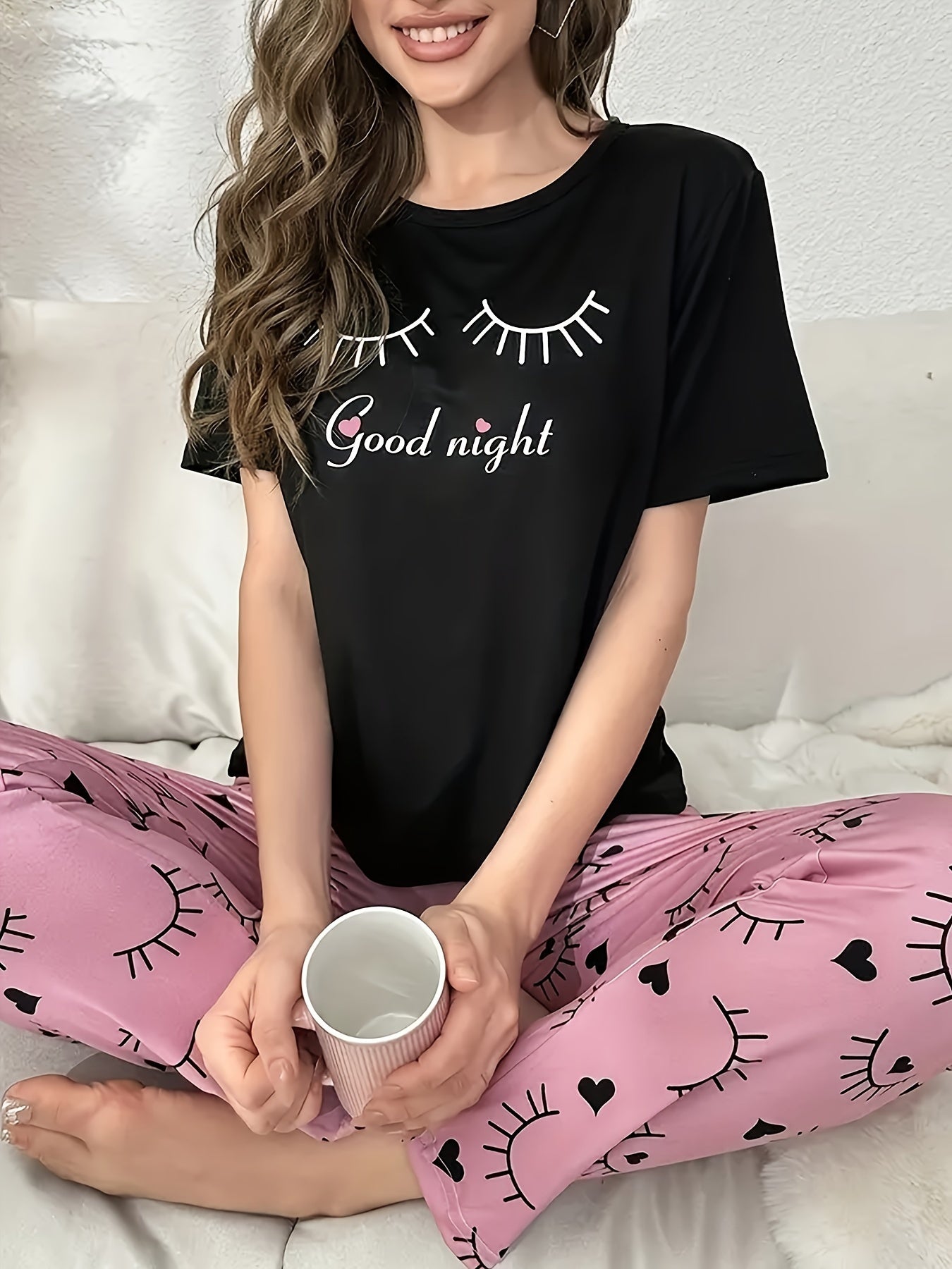 Women's Polyester Knit Pajama Set with Alphabet, Heart, and Eyelash Designs for All Seasons