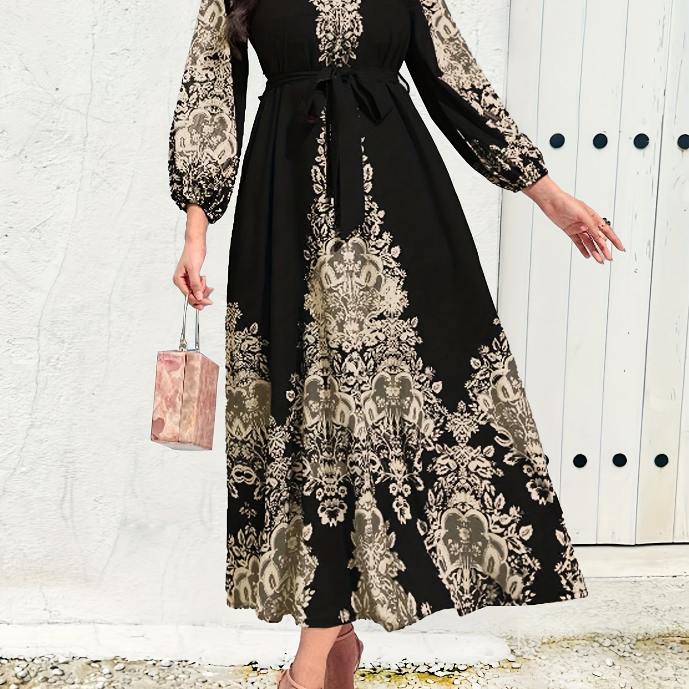 Vintage Graphic Print Belted Dress with Crew Neck and Lantern Sleeves for Spring Fall