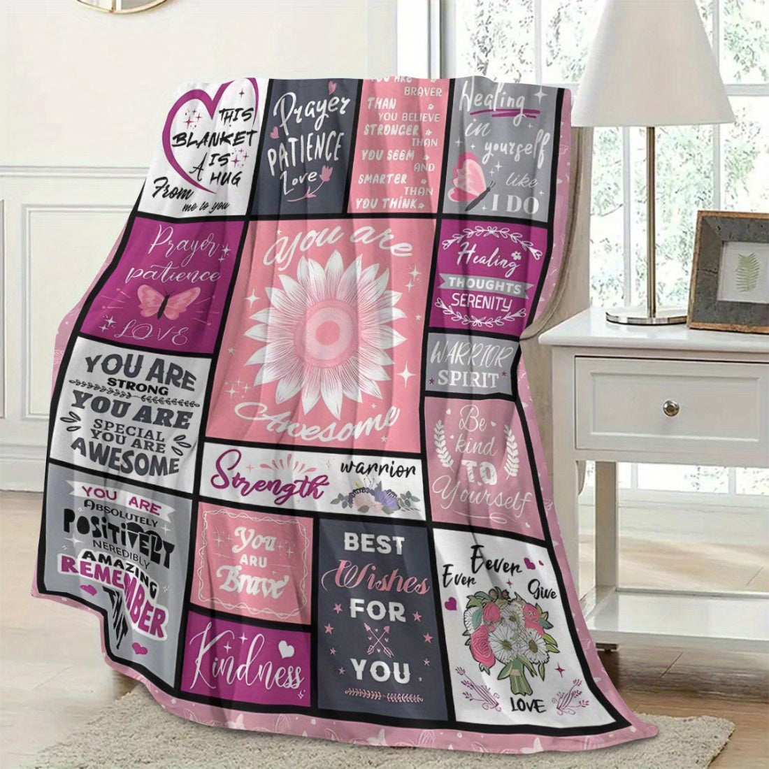 Cozy Flannel Fleece Throw Blanket for Women with Inspirational Message All-Season Polyester