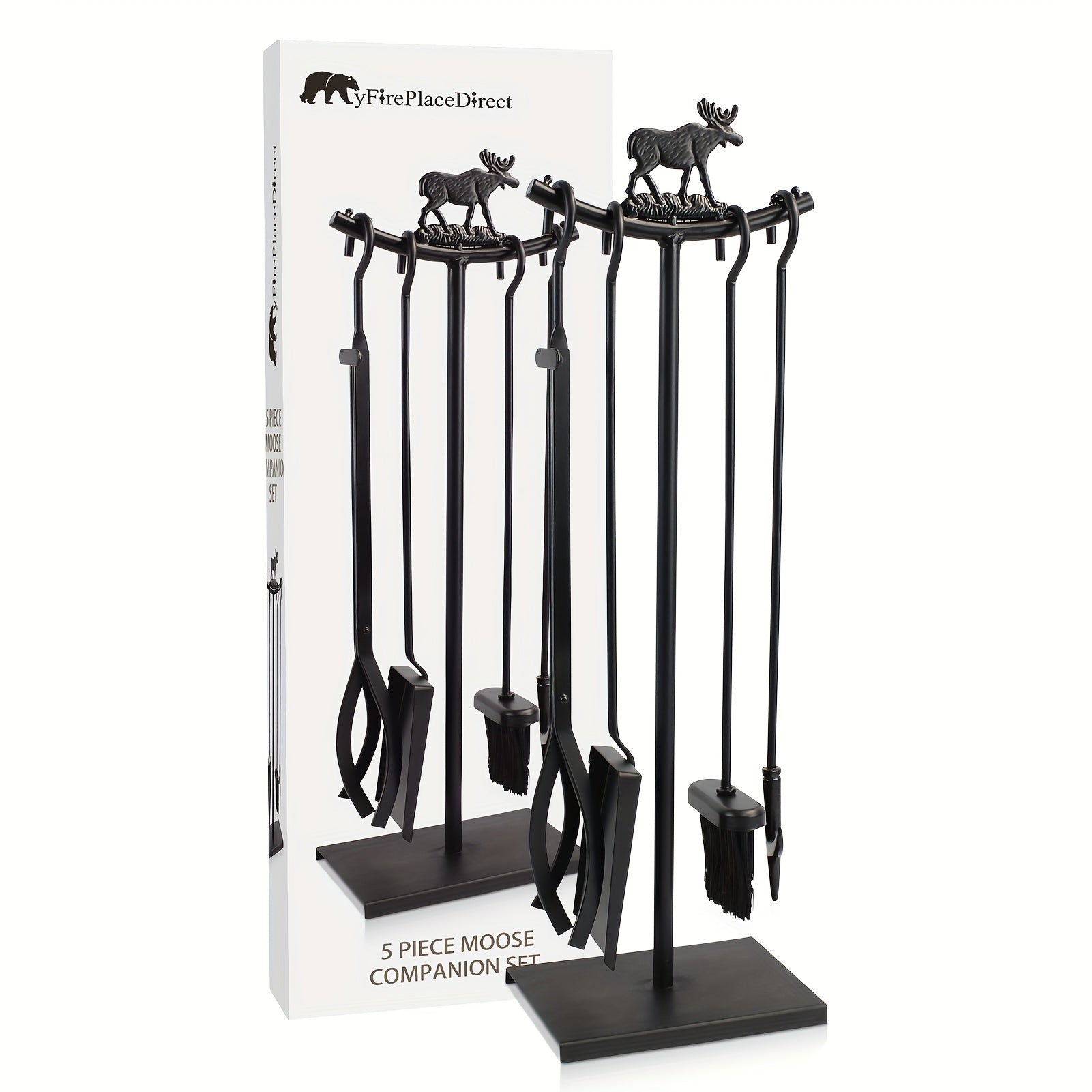 5-Piece Fireplace Tool Set with Brush Poker Shovel and Firewood Rack Indoor Outdoor