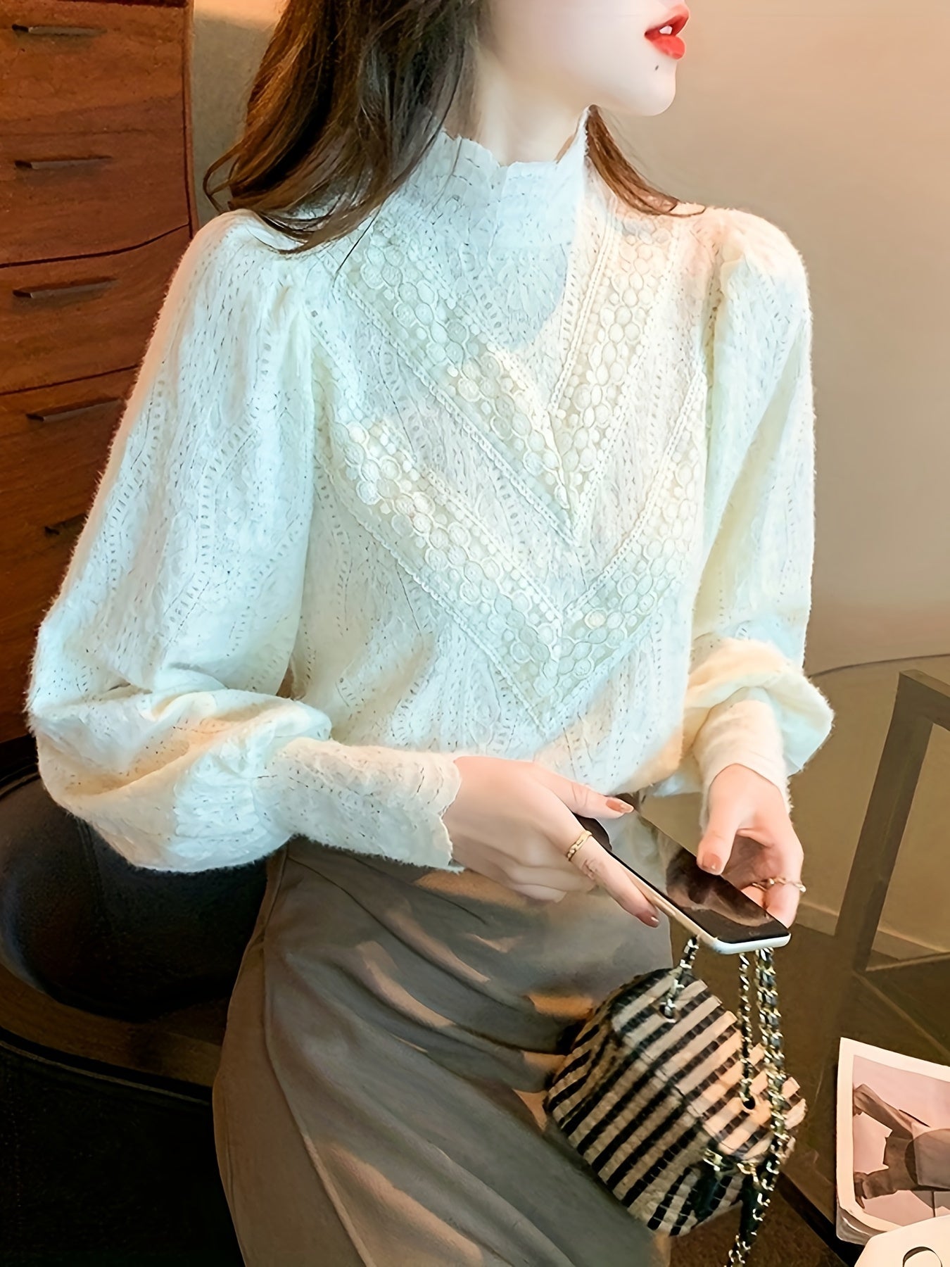 Women's Lace Blouse with Mock Turtleneck Nylon Spandex Spring Fall Casual