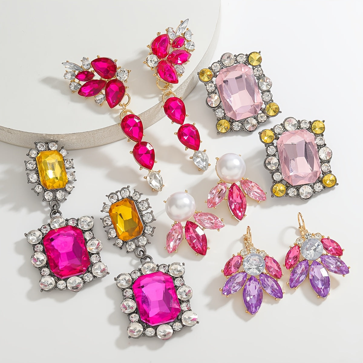 Pink Rhinestone Dangle Earrings Irregular Square Teardrop Alloy Stainless Steel Jewelry