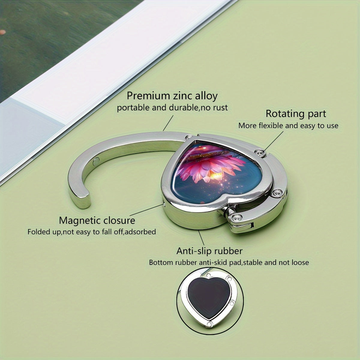 Foldable Heart-Shaped Metal Handbag Hanger with Lotus Design for Women