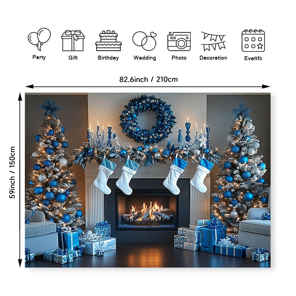 Blue and White Fireplace Backdrop Polyester Decor Multi-Season Wall Covering