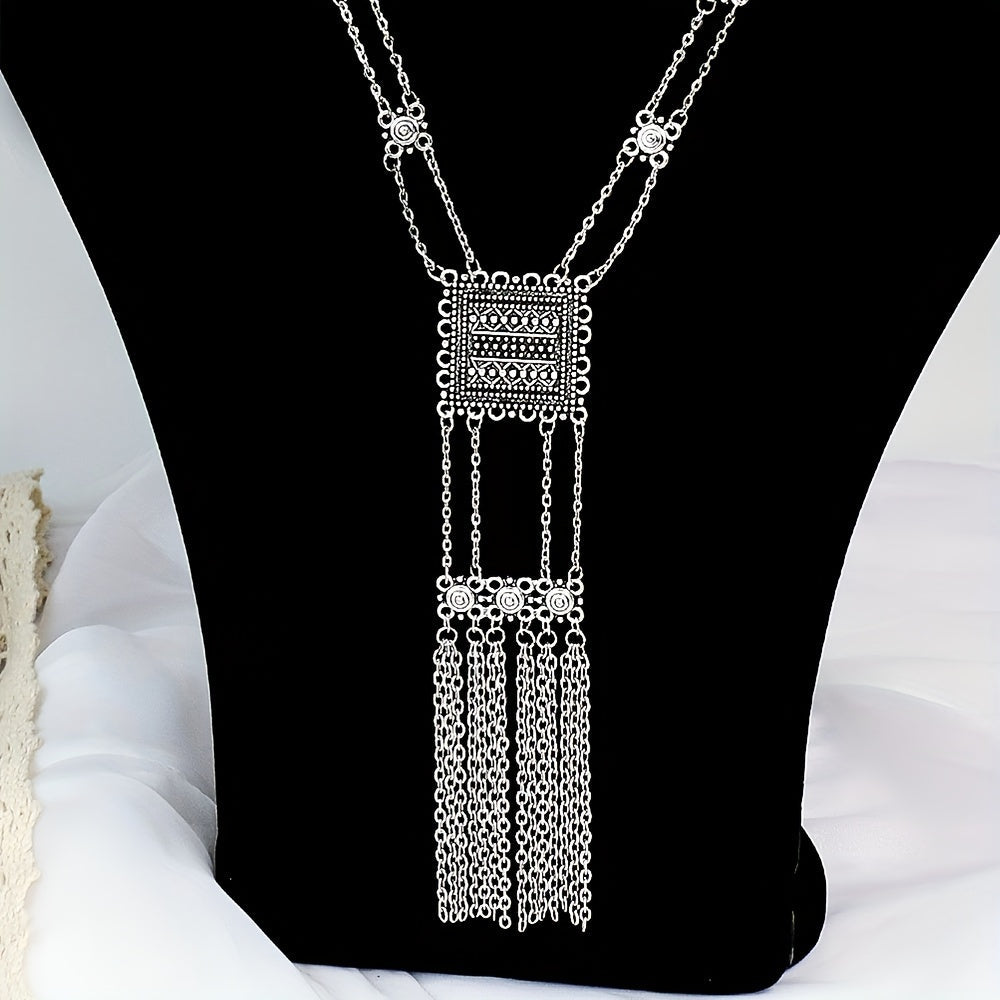 Women's Long Pendant Necklace with Rectangular Pendant and Chain Tassels
