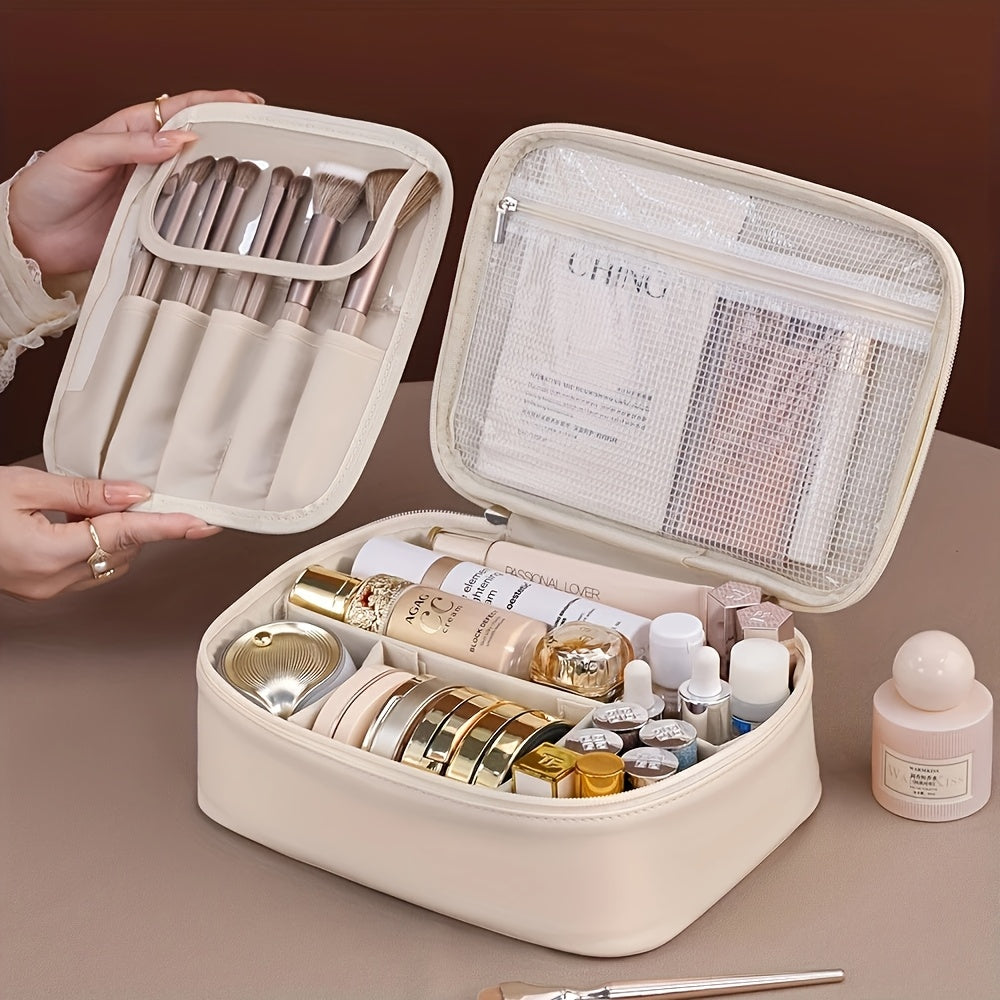 Large Capacity Detachable Makeup Bag Travel Cosmetic Organizer with Brush Holder for Men and Women