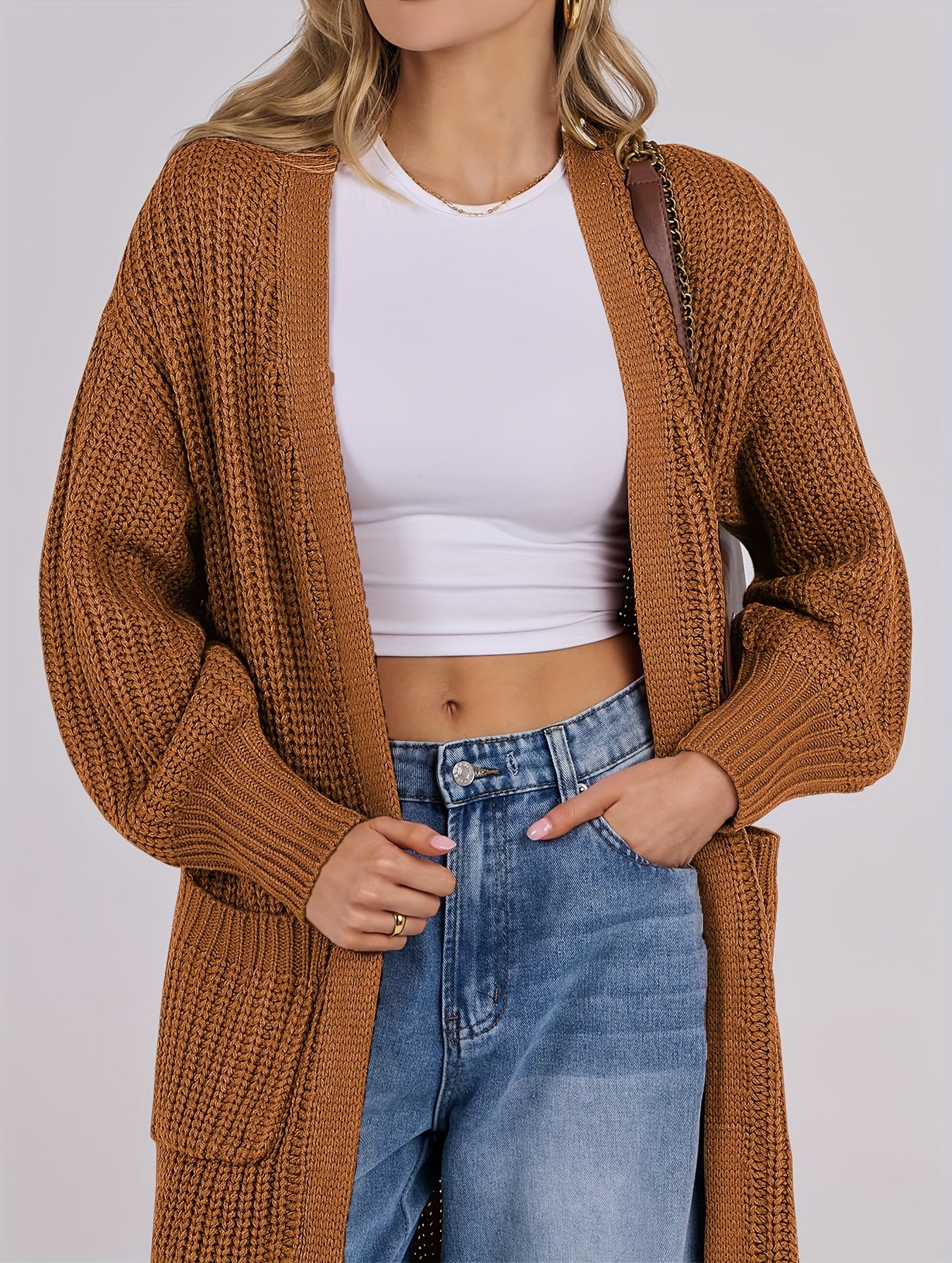 Plus o'lcham ayollar uchun kundalik uzun qo'lqopli kardigan zaytun yashil, kuz-qish